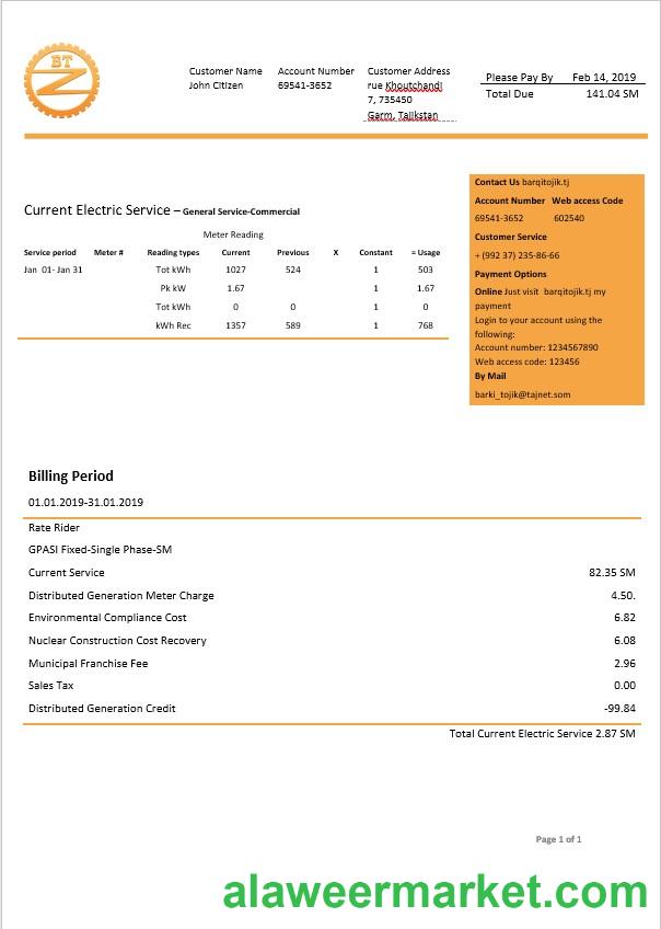 Tajikstan Barqi Tojik electricity bill in Word format